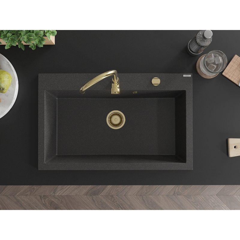 Mexen Elix гранитна мивка с 1 камера 800 x 500 мм, черна на петна, златен сифон - 6527801005-76-G