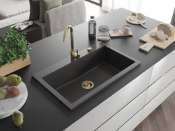 Mexen Elix гранитна мивка с 1 камера 800 x 500 мм, черна на петна, златен сифон - 6527801005-76-G