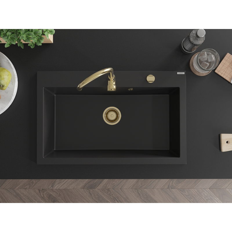 Mexen Elix гранитна кухненска мивка с 1 отделение 800 x 500 мм, черна, златен сифон - 6527801005-77-G
