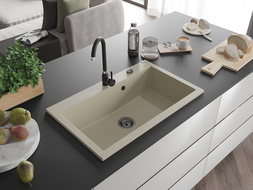 Mexen Elix еднокоморна мивка от гранит 800 x 500 mm, бежова, черен сифон - 6527801005-69-B