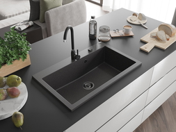Mexen Elix кухненска мивка от гранит с 1 камера 800 x 500 мм, черна със ситни пръски, сифон черен - 6527801005-76-B