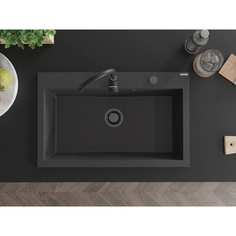 Mexen Elix кухненска мивка от гранит с 1 камера 800 x 500 мм, черна със ситни пръски, сифон черен - 6527801005-76-B