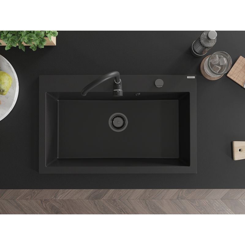Mexen Elix гранитна мивка с една камера 800 x 500 mm, черна, златен сифон - 6527801005-77-B