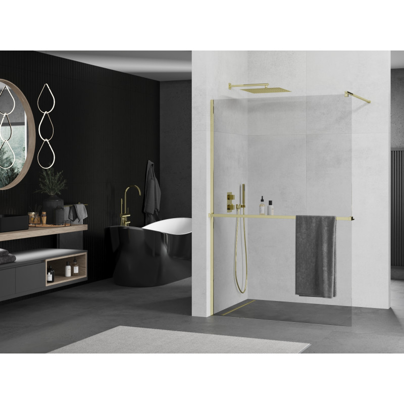 Mexen Kioto+ душ-стенен панел с рафт Walk-in 120 x 200 см, прозрачен, златен
