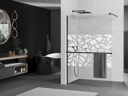 Mexen Kioto+ душова стена с рафт Walk-in 90 x 200 см, бял мотив, черен - 800-090-121-70-85