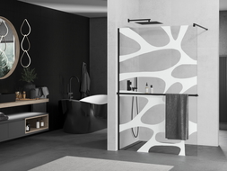 Mexen Kioto+ стена за душ с рафт Walk-in 120 x 200 см, бял шаблон, черен - 800-120-121-70-97