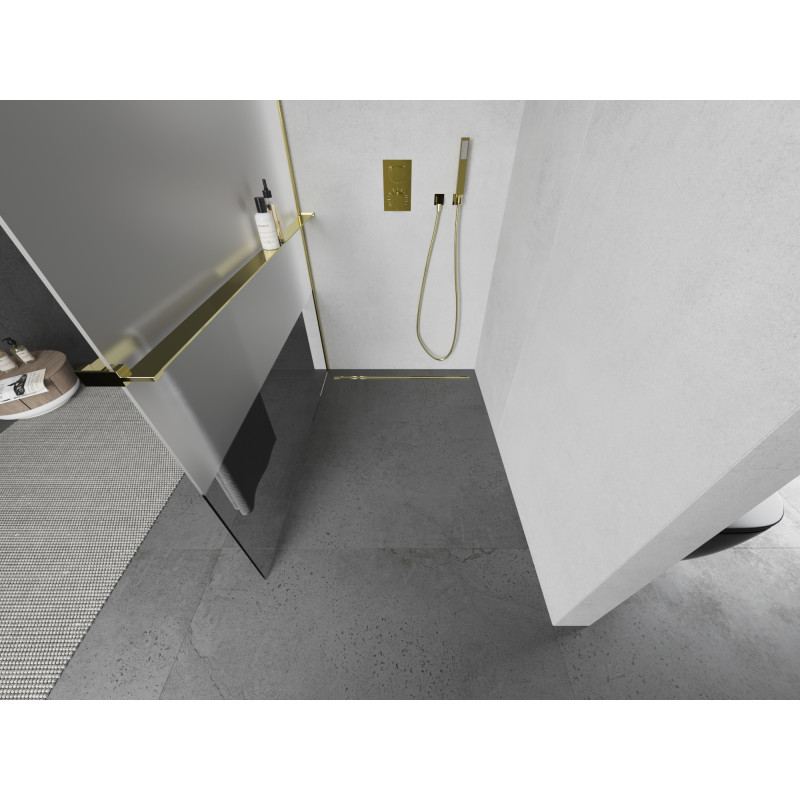 Mexen Kioto+ душ стена с рафт Walk-in 80 x 200 см, прозрачно/мраз, златно - 800-080-121-50-35