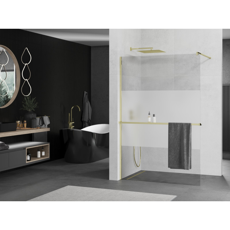 Mexen Kioto+ душ стена с рафт Walk-in 100 x 200 см, прозрачен/замръзнал, златен