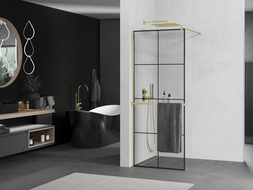 Mexen Kioto+ душова стена с рафт Walk-in 80 x 200 см, черен модел, златен - 800-080-121-50-77