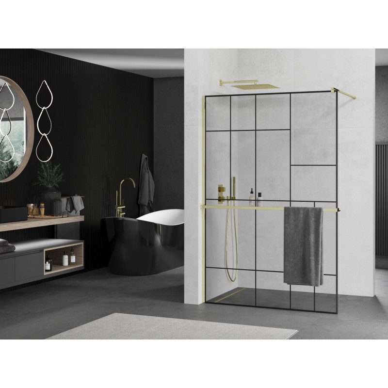 Mexen Kioto+ душ стена с рафт Walk-in 130 x 200 cm, черен модел, златен - 800-130-121-50-78
