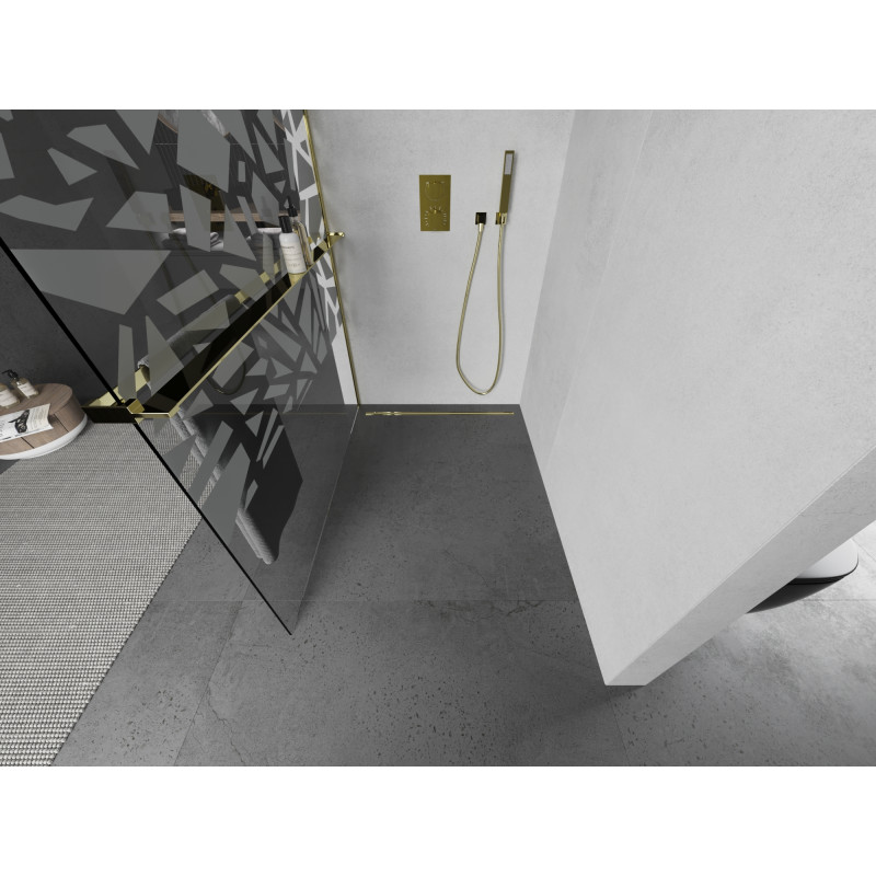 Mexen Kioto+ душ преграда с рафт Walk-in 110 x 200 см, бял мотив, златен - 800-110-121-50-85