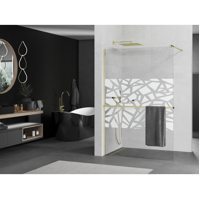 Mexen Kioto+ преграда за душ с рафт Walk-in 130 x 200 см, бял мотив, златна