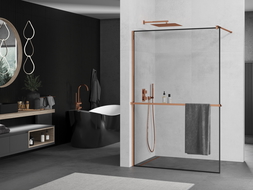 Mexen Kioto+ душова стена с полка Walk-in 120 x 200 см, черен модел, розово злато - 800-120-121-60-70