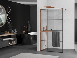 Mexen Kioto+ стена за душ с рафт Walk-in 100 x 200 см, черен модел, розово злато - 800-100-121-60-77