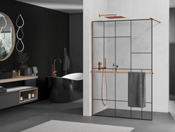 Mexen Kioto+ стена за душ с рафт Walk-in 110 x 200 см, черен модел, розово злато - 800-110-121-60-78