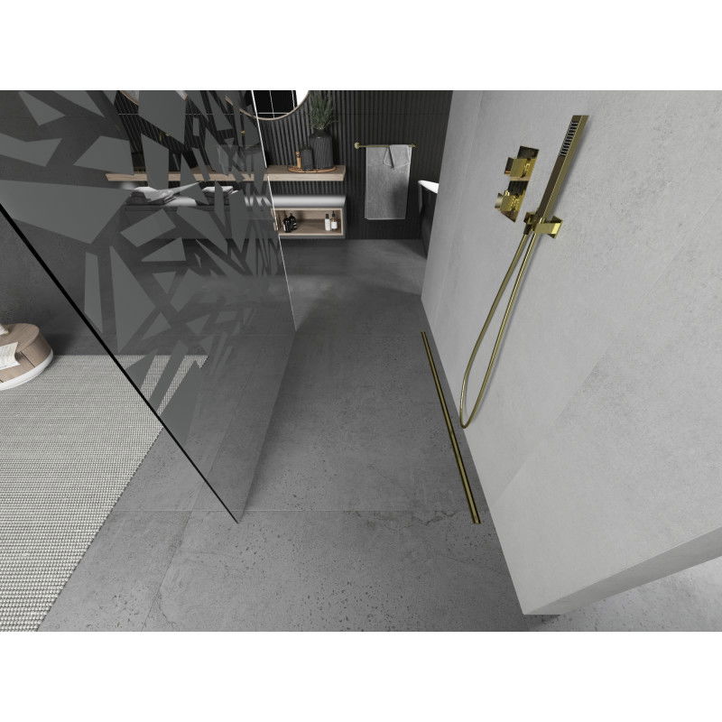 Mexen Kioto свободностояща душ стена 100 x 200 cm, бял модел 8 mm, злато - 800-100-002-50-85