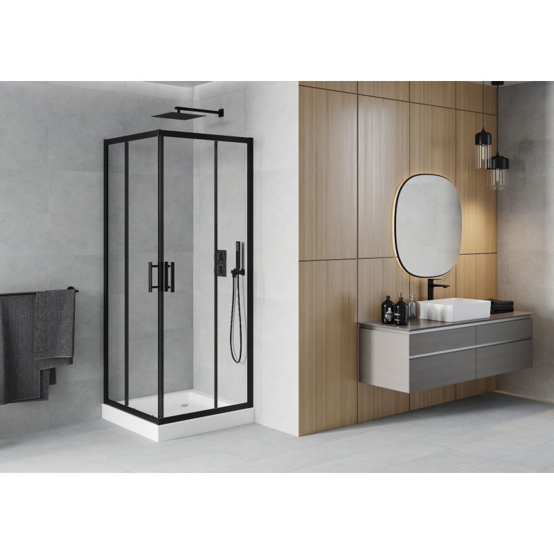 Mexen Rio квадратна душ кабина 70 x 70 см, прозрачна, черна + душ под на Rio, бял - 860-070-070-70-00-4510