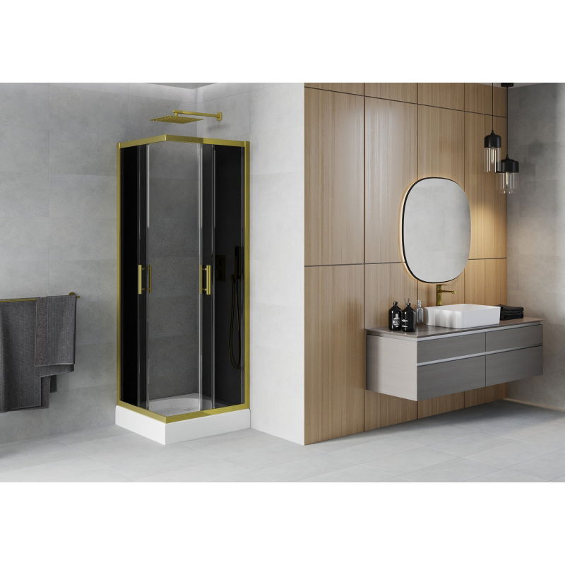Mexen Rio квадратна душ кабина 70 x 70 см, графит, златисто + корито Rio, бяло - 860-070-070-50-40-4510