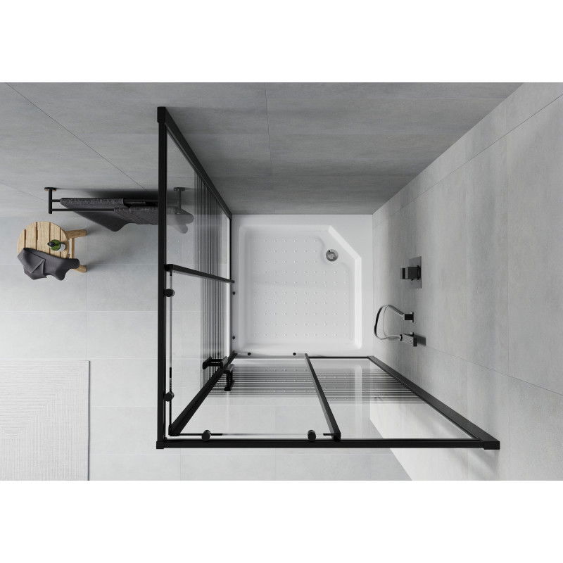 Mexen Rio Квадратна душ кабина 90 x 90 см, черни ленти, черна + поддушово корито, бяло - 860-090-090-70-20-4510
