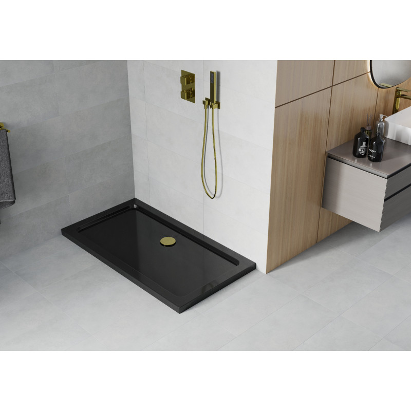 Mexen Flat правоъгълна душ кабина slim 140 x 70 см, черна, златен сифон - 40707014G