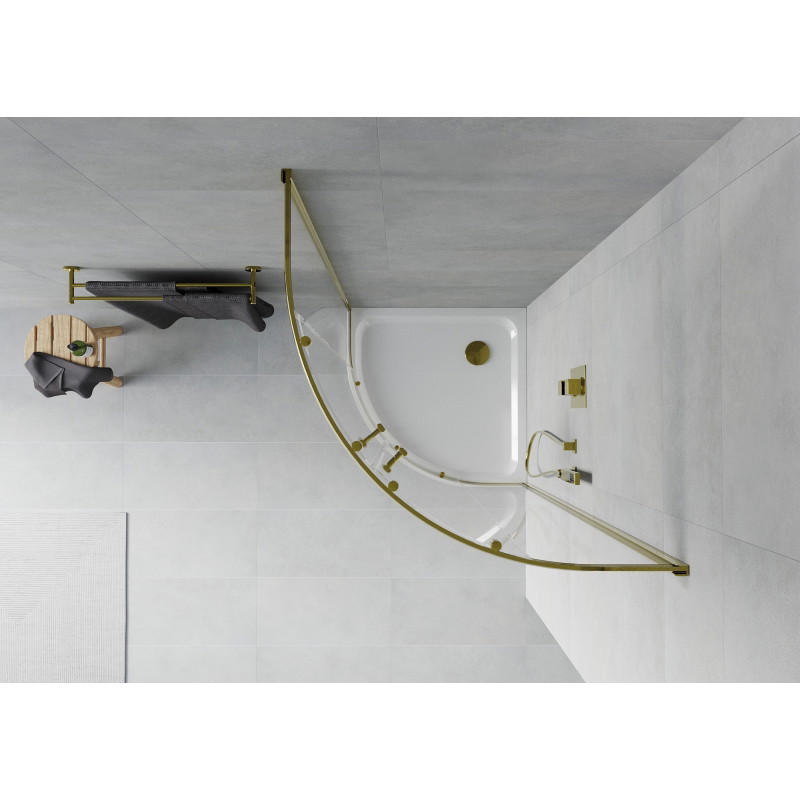 Mexen Rio полукръгла душ кабина 90 x 90 см, прозрачна, златна + душ тава Flat,