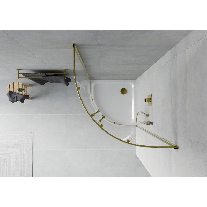 Mexen Rio полукръгла душ кабина 90 x 90 см, прозрачна, златна + плосък поддушник, бял - 863-090-090-50-00-4110G