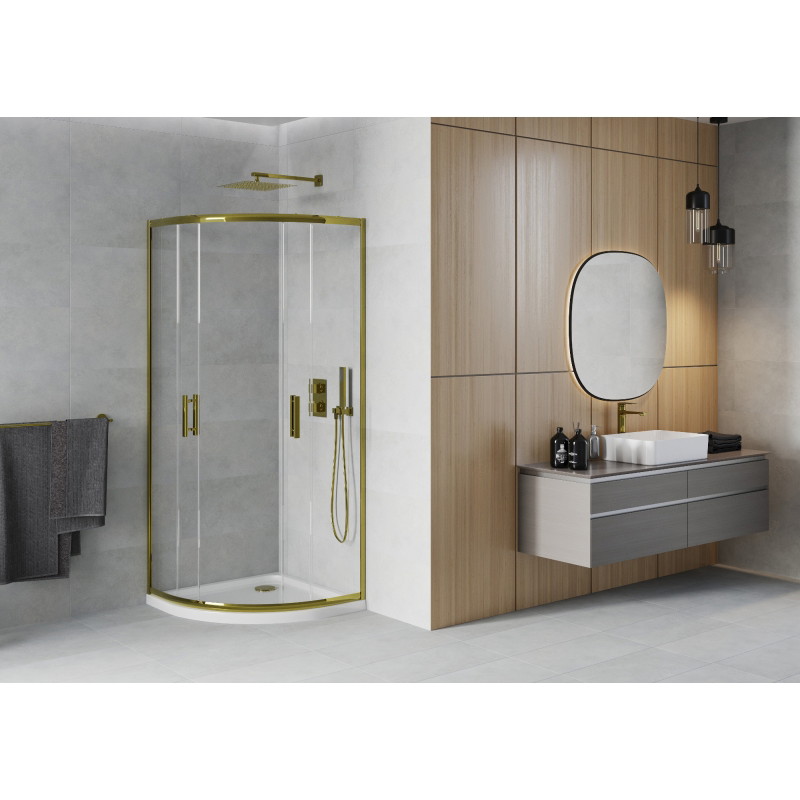 Mexen Rio полукръгла душ кабина 90 x 90 см, прозрачна, златна + душ тава Flat,