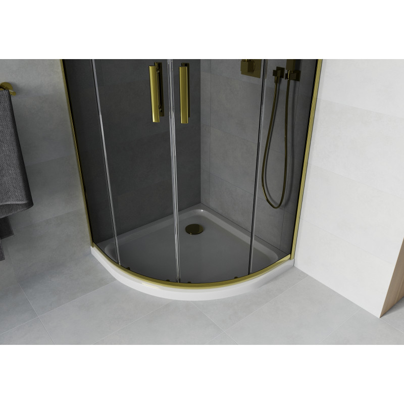 Mexen Rio полукръгла душ кабина 90 x 90 см, графит, злато + корито Flat, бяло