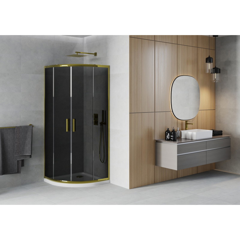 Mexen Rio полукръгла душ кабина 90 x 90 см, графит, злато + корито Flat, бяло