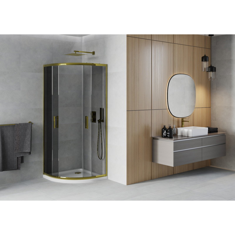 Mexen Rio полукръгла душ кабина 90 x 90 см, графит, злато + корито Flat, бяло
