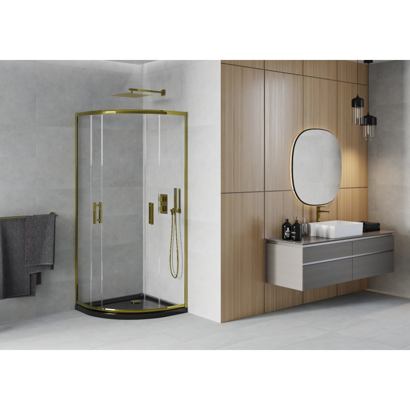 Mexen Rio полукръгла душ кабина 90 x 90 см, прозрачна, златна + Flat корито,