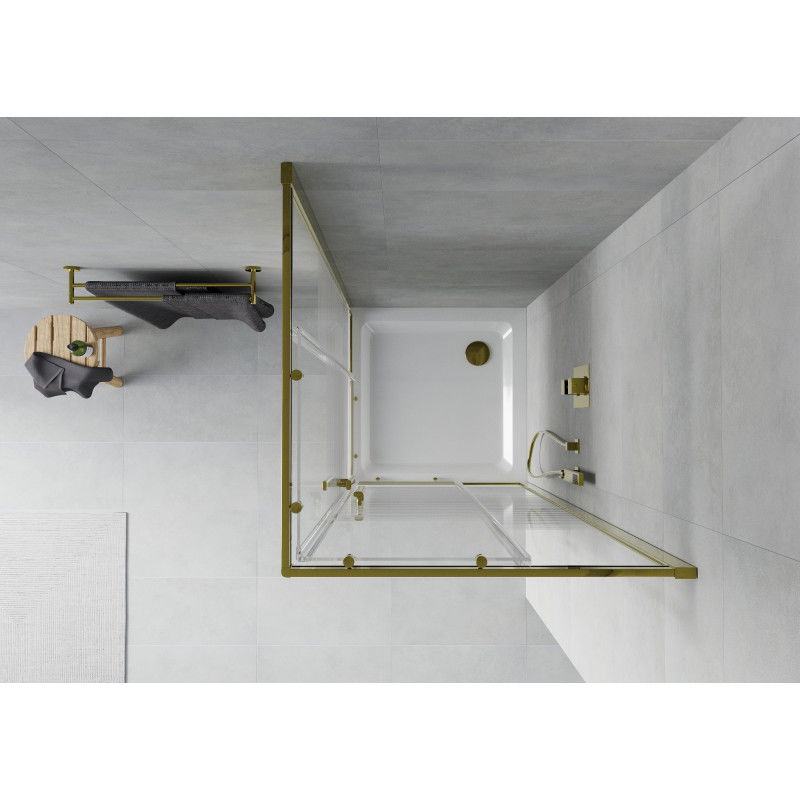 Mexen Rio квадратна душ кабина 90 x 90 см, бели ивици, златна + душ тава Flat, бяла - 860-090-090-50-20-4010G