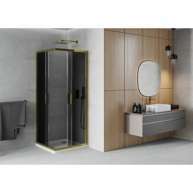 Mexen Rio квадратна душ кабина 70 x 70 см, графит, злато + корито Flat, бяло
