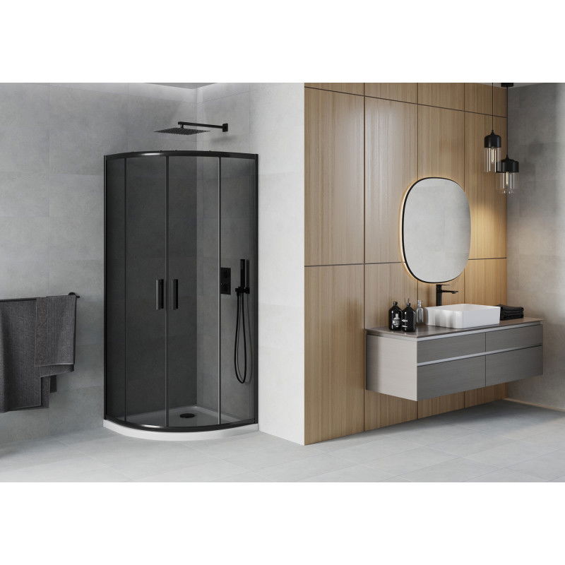 Mexen Rio полукръгла душ кабина 80 x 80 см, графит, черна + душ корито Flat, бяло - 863-080-080-70-40-4110B