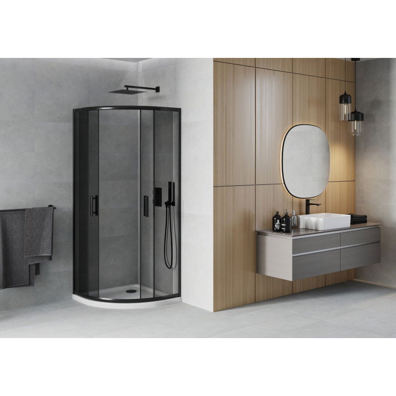 Mexen Rio полукръгла душ кабина 80 x 80 см, графит, черна + душ корито Flat, бяло - 863-080-080-70-40-4110B