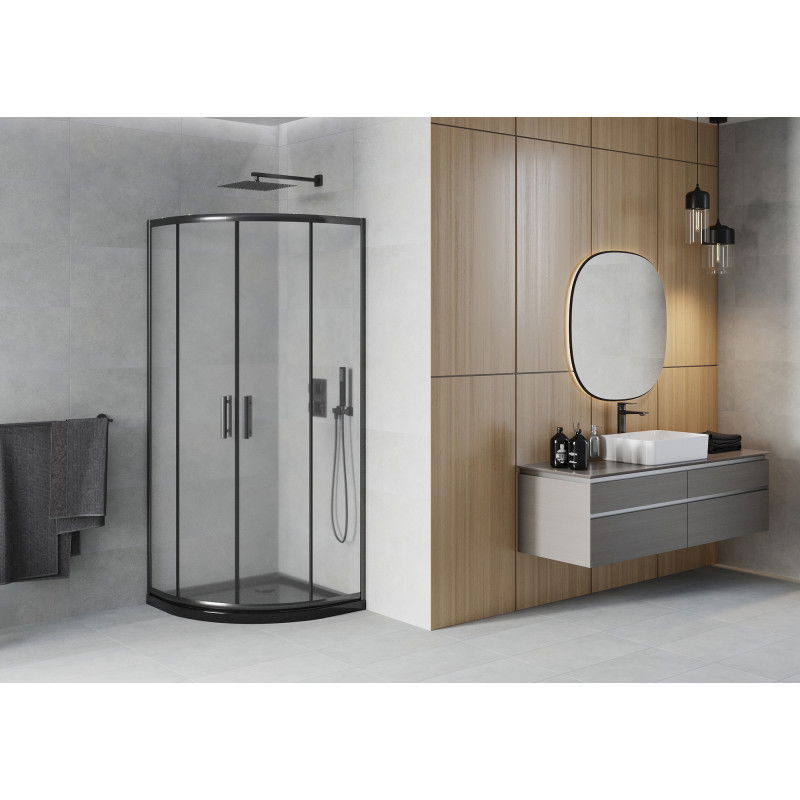 Mexen Rio полукръгла душ кабина 90 x 90 cm, матова, черна + поддушово корито Flat, черно - 863-090-090-70-30-4170B