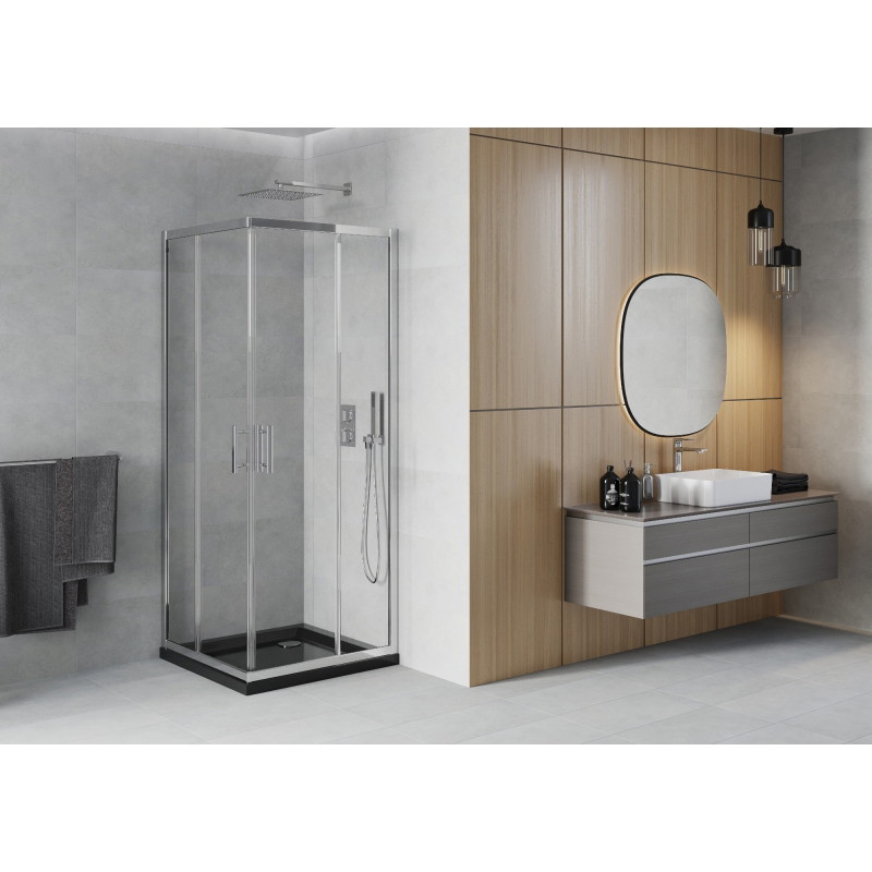 Mexen Rio Квадратна душ кабина 70 x 70 см, прозрачна, хром + корито Flat, черно