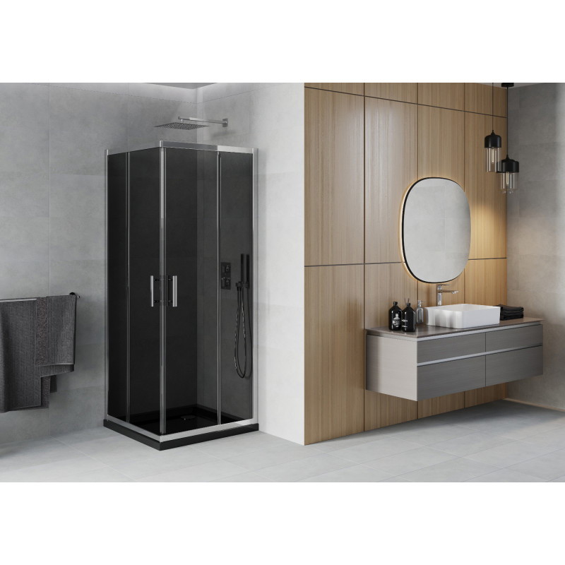 Mexen Rio квадратна душ кабина 70 x 70 см, графит, хром + корито Flat, черно