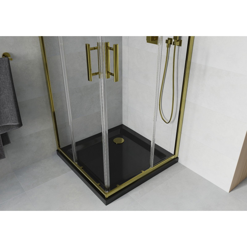 Mexen Rio квадратна душ кабина 70 x 70 см, прозрачна, златна + корито Flat, черно