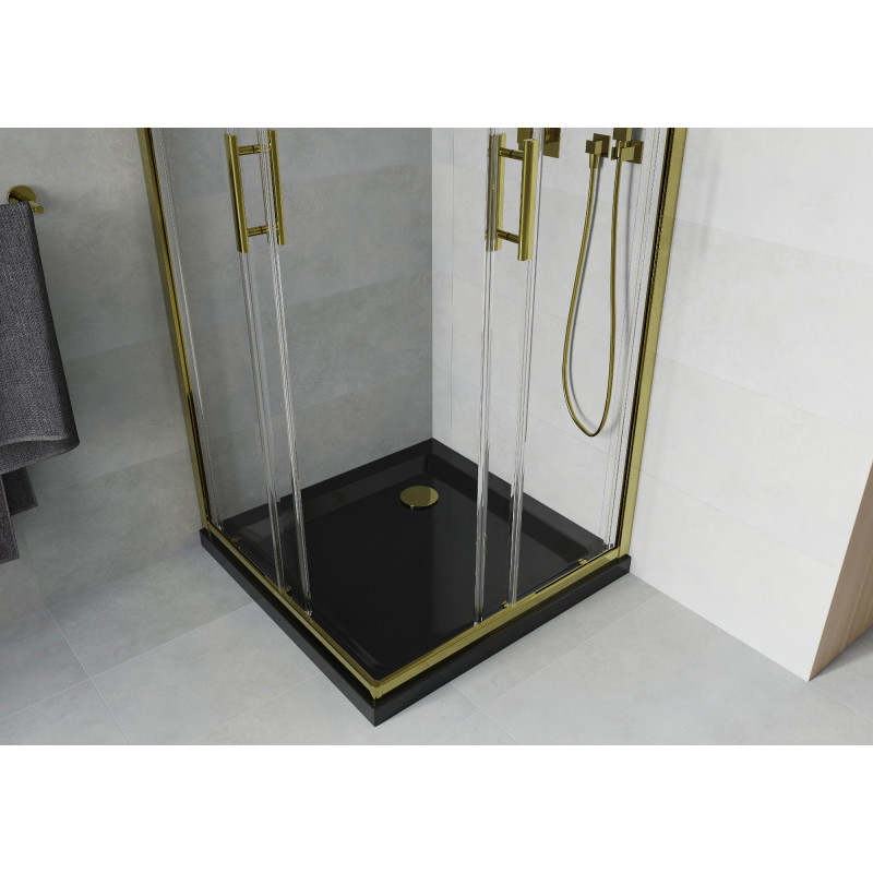 Mexen Rio квадратна душ кабина 70 x 70 см, прозрачна, златна + корито Flat, черно