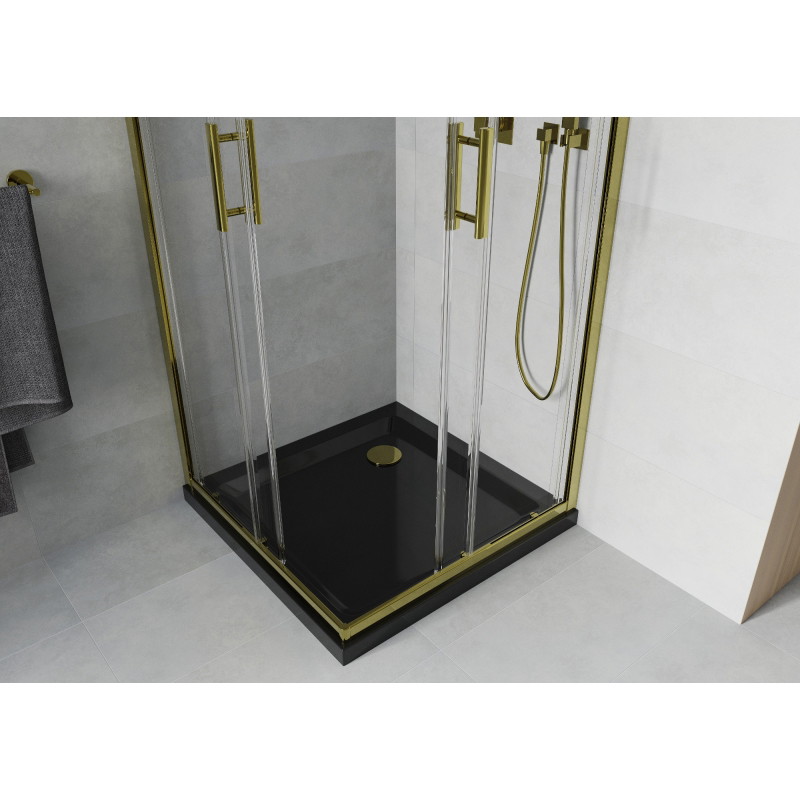 Mexen Rio квадратна душ кабина 70 x 70 см, прозрачна, златна + панел Flat, черен