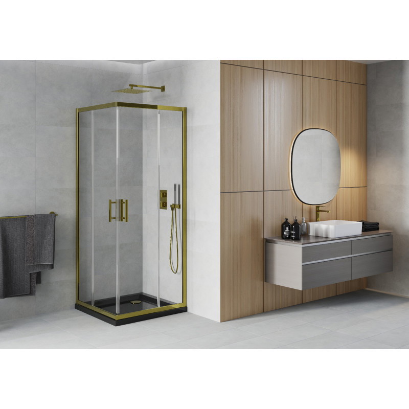 Mexen Rio квадратна душ кабина 70 x 70 см, прозрачна, златна + корито Flat, черно