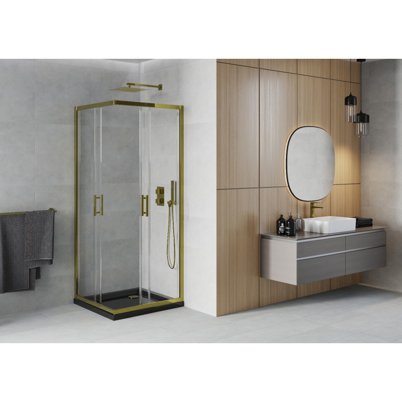 Mexen Rio квадратна душ кабина 70 x 70 см, прозрачна, златна + корито Flat, черно
