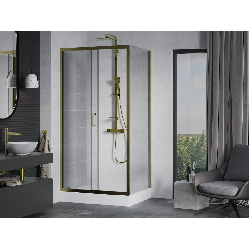 Mexen Apia плъзгаща се душ кабина 120 x 80 см, прозрачна, златна + корито Rio