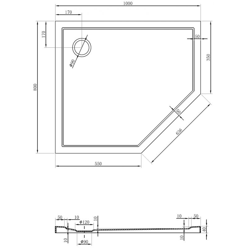 Mexen Flow тънък петустенен поддушник ляв, 100 x 80 см, бял гланц - 46P108010L