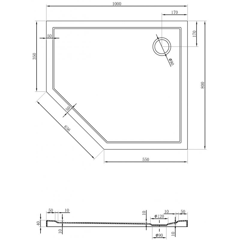 Mexen Flow петоъгълен поддушов панел Slim десен 100 x 80 cm, бял гланц - 46P108010R