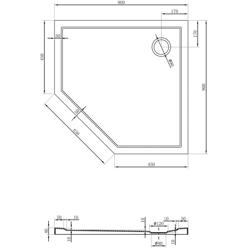 Mexen Flow петостенен тънък поддушов коритo 90 x 90 см, бял гланц - 46P109090