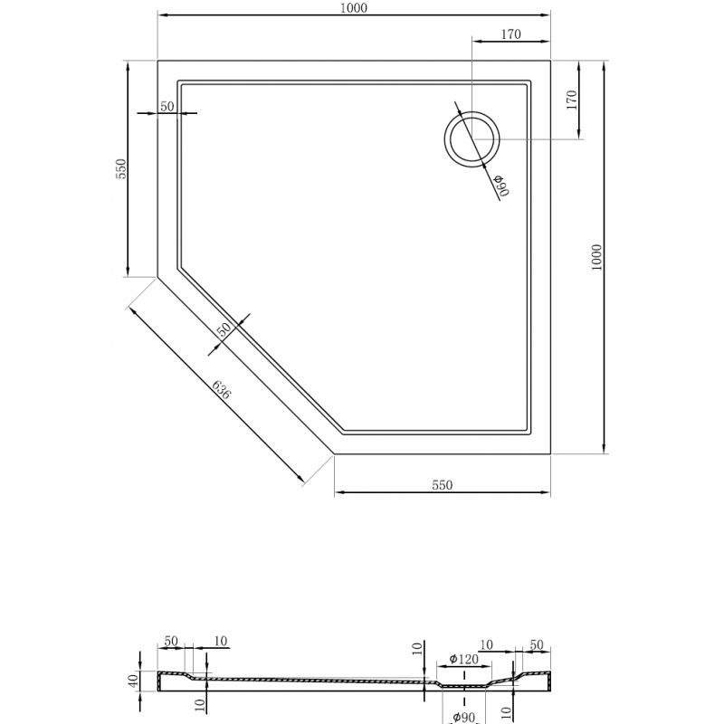 Mexen Flow петостенен тънък поддушов коритo 100 x 100 см, бял гланц - 46P101010