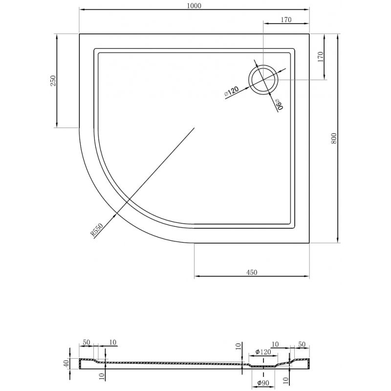Mexen Flow полукръгъл асиметричен slim десен 100 x 80 см, бял гланц - 46Q108010R