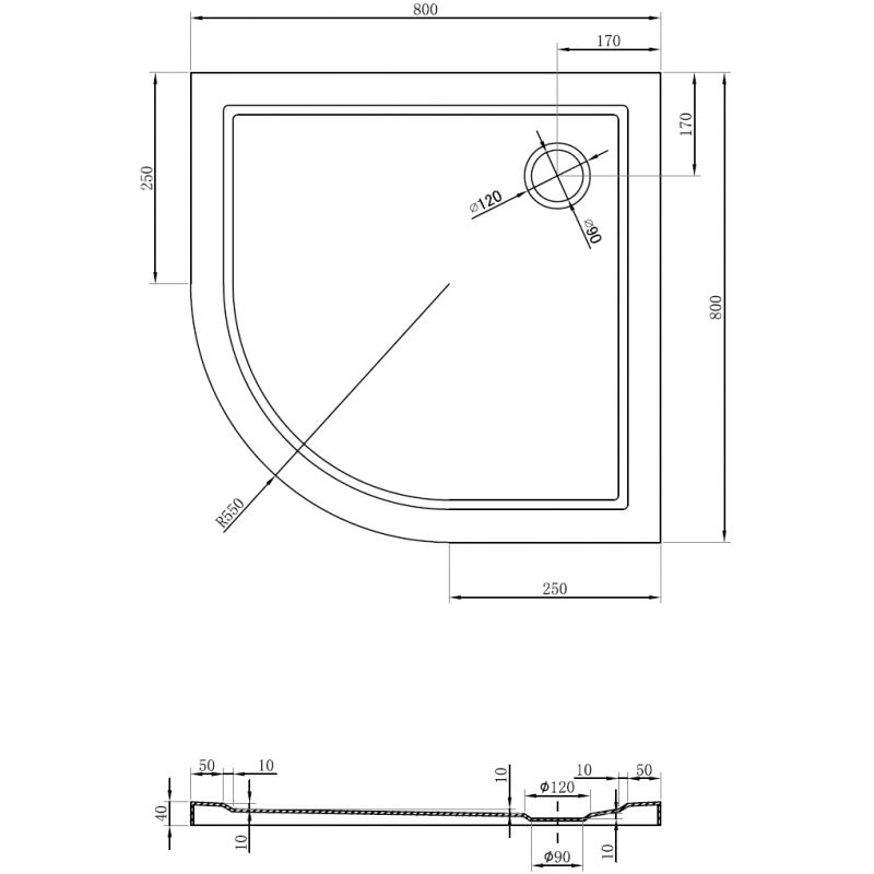 Mexen Flow полукръгъл плосък душ коритo 80 x 80 см, черен мат - 46Q708080